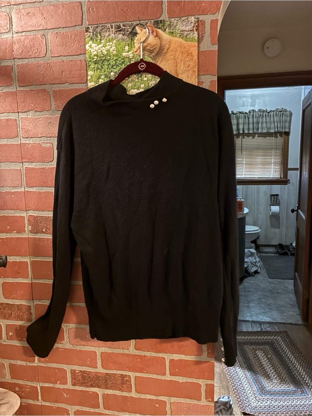 Women's Black Cowlneck Sweater with Pearl Accents